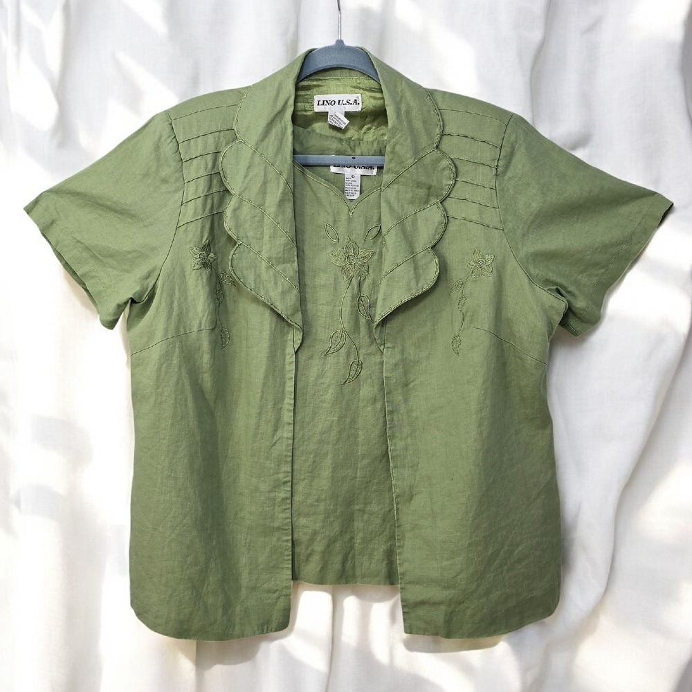Lino‎ USA 100% Linen Embroidered Floral Top Tank Set Scalloped Green Woman Large